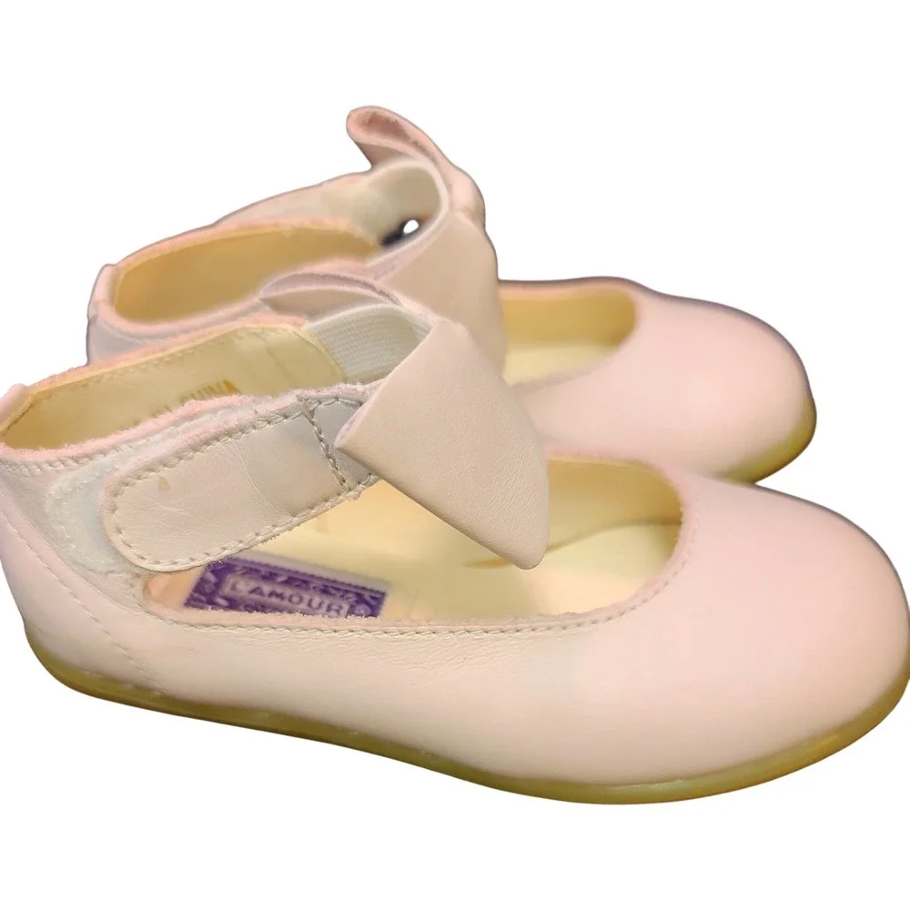 L'Amour Girls Pink Leather Bow Mary Jane Shoes Toddler Size 7 Dress Flats